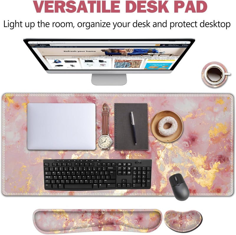 AIMSA Keyboard Mouse Pad Set, Large Gaming Mouse Pad +Wrist Rest Mouse Pad +Keyboard Wrist Support +Coaster, 35x15.7 inch Extended Desk Mat for Easy Typing Pain Relief (Pink Gilt Marble) - Image 2
